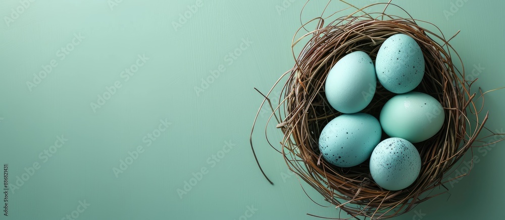 Poster blue easter eggs set in a nest on a pastel green backdrop provide ample copy space image.