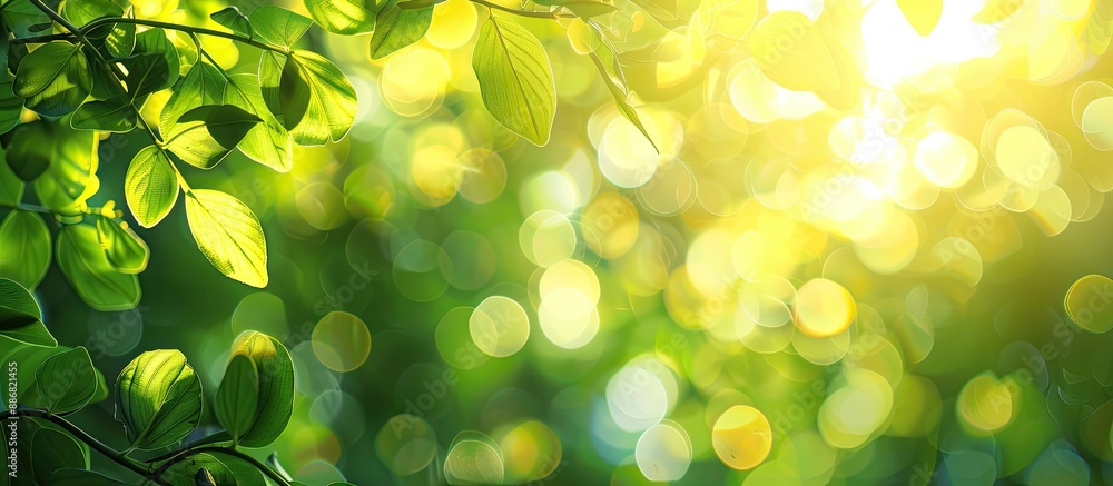 Poster bright summer sunlight illuminates an abstract blurred foliage bokeh background with copy space imag