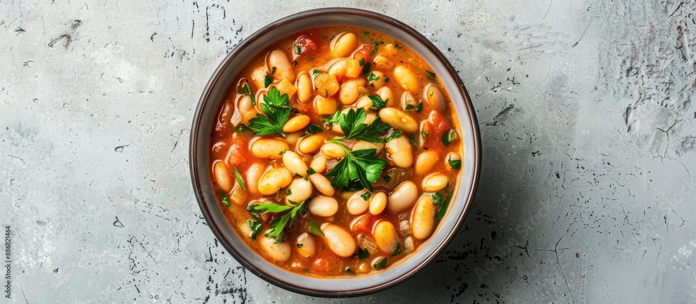 Poster Top view of Greek bean soup Fasolada in a bowl on a concrete surface with room for additional elements in the image.