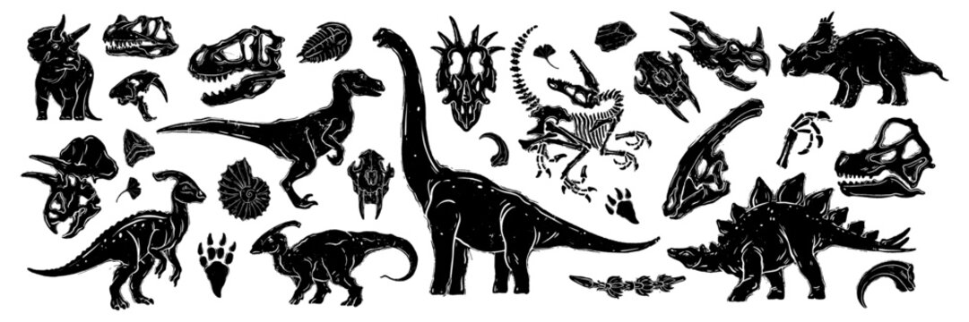 Linocut dinosaur set, dino fossil print collection, skeleton vector silhouette, prehistoric monster. Diplodocus outline print, woodcut engraving Jurassic reptile sticker, skull. Linocut dinosaur stamp