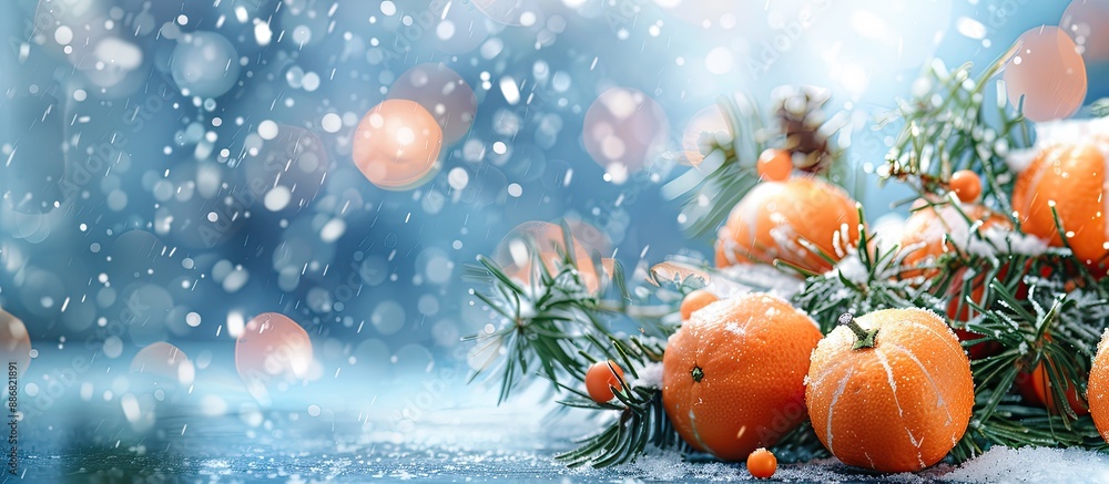Poster a festive scene featuring tangerines, a fir branch, and falling snow on a retro-style blue backdrop,