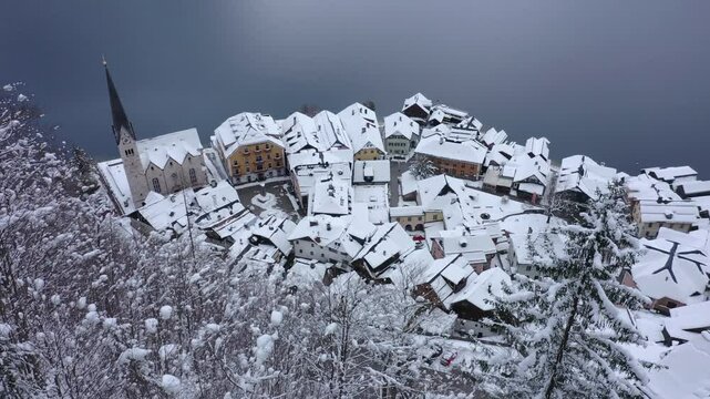 Aerial video of world heritage village at Hallstatt lake, Austria. Aerial footage from drone.