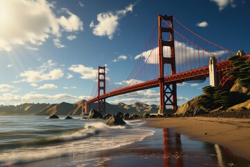 Golden Gate Bridge next to sandy beaches near sunset, generative IA