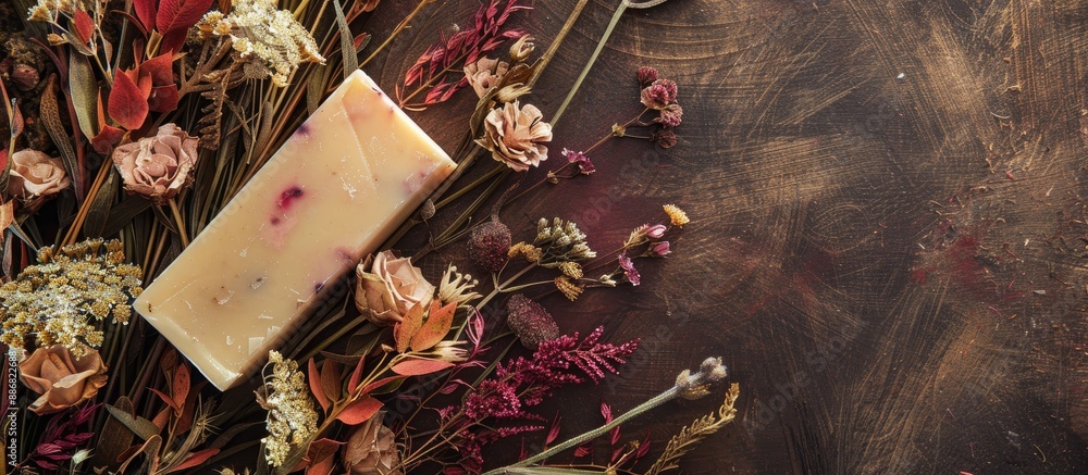 Poster handmade soap resting on a background of dried flowers provides a serene ambiance with a beautiful c