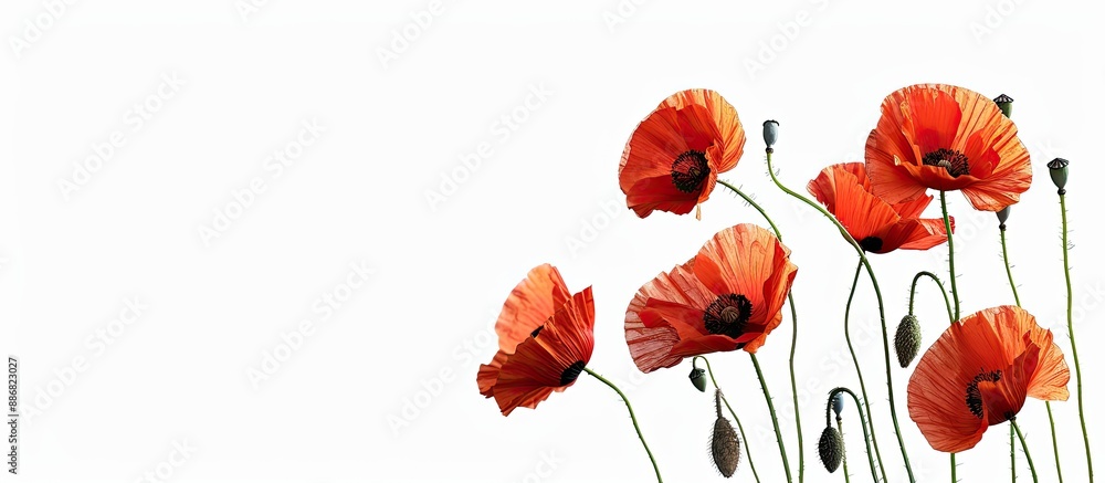 Poster red poppies, also known as common poppy, on a white backdrop providing room for text in a copy space