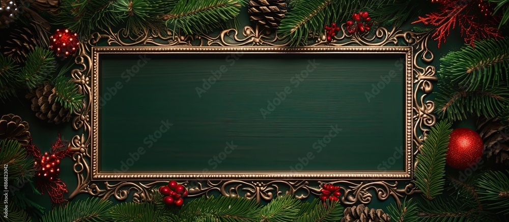 Poster top-down angle of a wooden frame crafted from fir tree on vibrant backdrop featuring copy space imag