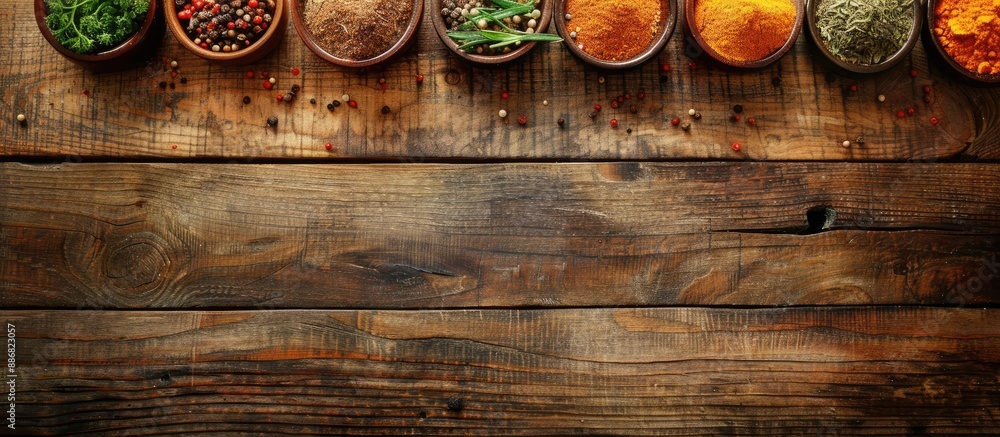 Poster Top view of a wooden table displaying an array of vibrant spices with a blank space for an image.