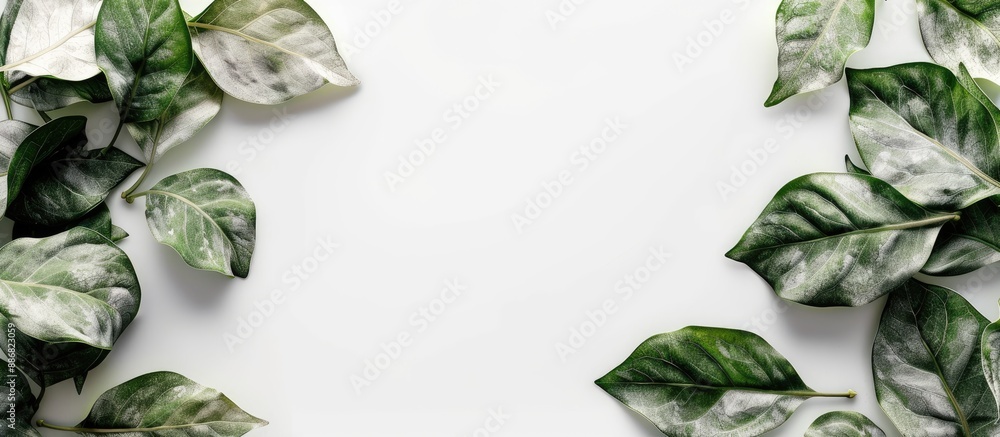 Poster green leaves turning white withered on a white background, creating a striking contrast with ample c