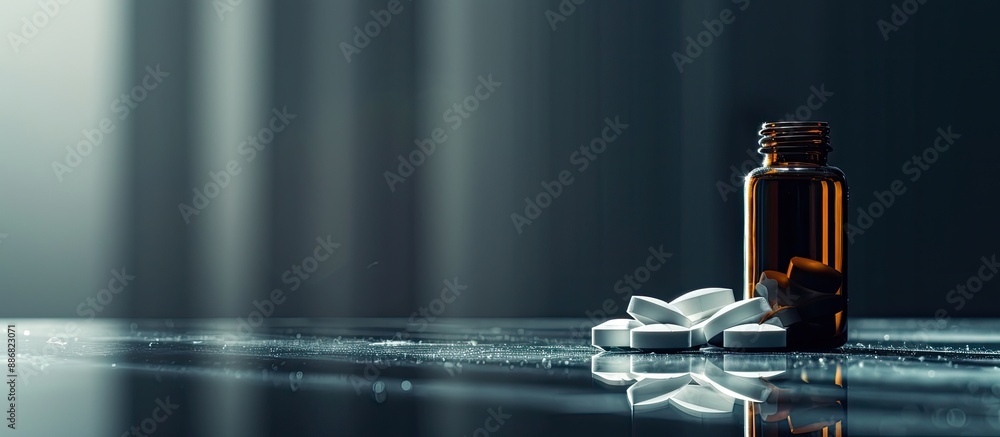 Poster White oval pills displayed with a dark glass bottle on a black mirror background, creating a striking composition with copy space image.