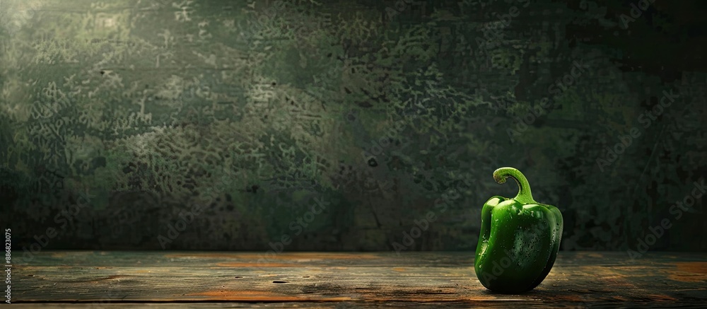 Poster green pepper displayed on a wooden surface against a dark backdrop, providing a vibrant touch to the