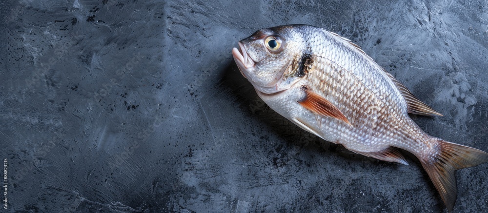 Poster Sea bream fish displayed on a dark background with ample copy space.