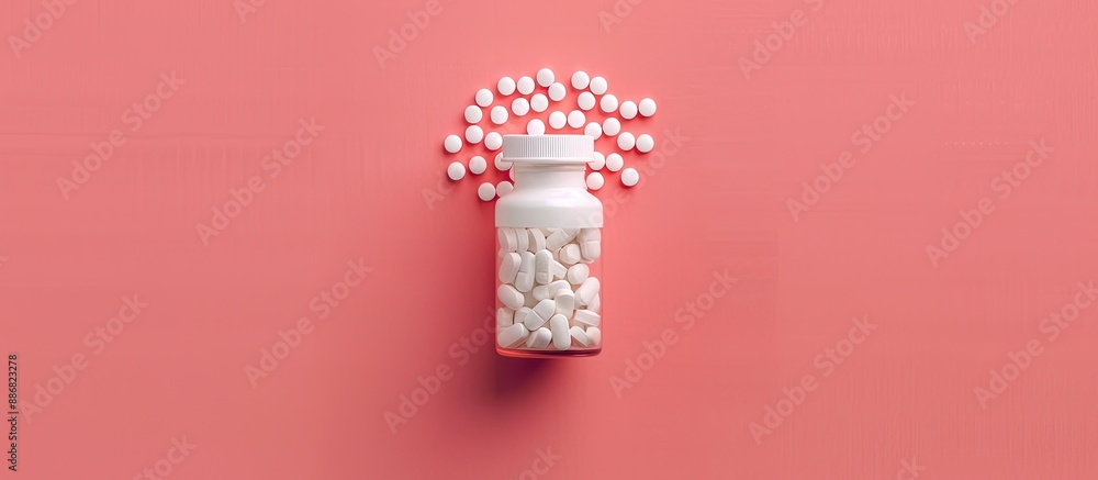 Poster White pills or tablets in a bottle on a pink background create a copy space image from a top view, showcasing the global pharmaceutical industry and medicinal products.