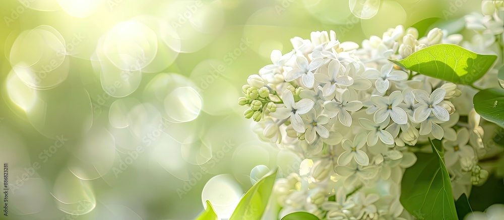 Poster selective focus on a white lilac flower with ample copy space image.