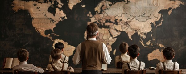 A group of people gather around a large world map, studying its intricate details.