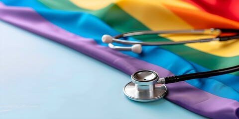 Doctors stethoscope against rainbow flag symbolizing LGBT pride and healthcare equality. Concept Pride Month, LGBT Rights, Healthcare Equality, Rainbow Flag, Stethoscope