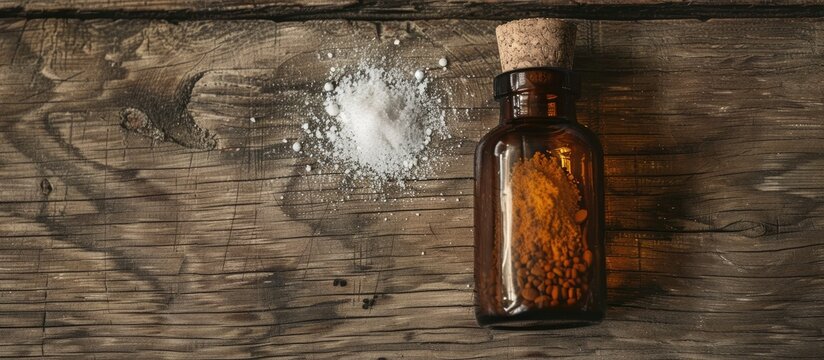 GHB bottle containing drug powder on rustic wood with visible copy space image.