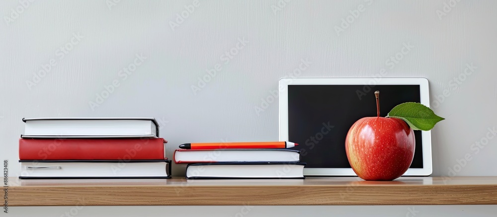 Poster Desk with books, tablet, and apple neatly arranged on it with a white background, creating a visually appealing copy space image.