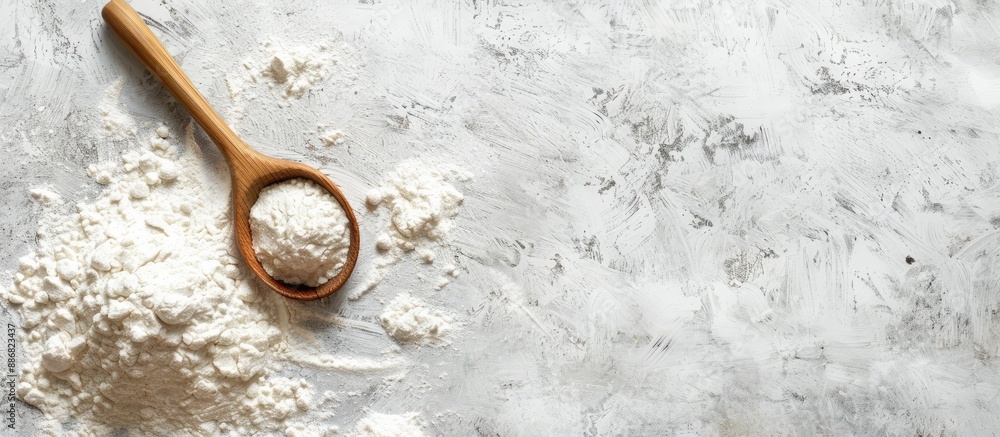 Poster flour and wooden spoon against a plain background with available copy space image.