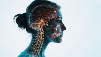 A woman's profile with a visible brain and spine, representing human anatomy and neurology.
