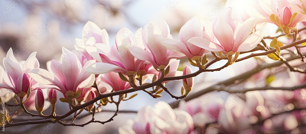 Aufkleber a blooming magnolia tree filled with fresh white and pink flowers in spring under bright daylight wi