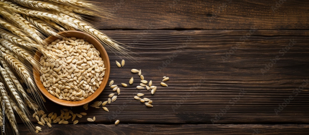Poster pearl barley grain set against a rustic wooden backdrop with copy space image.