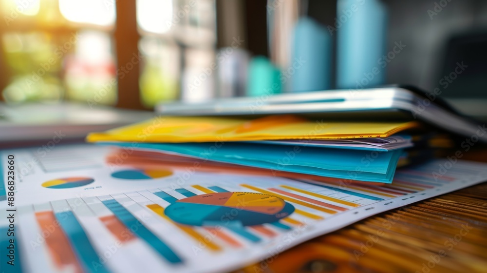 Poster a stack of colorful business reports and graphs on a desk, illustrating market analysis.