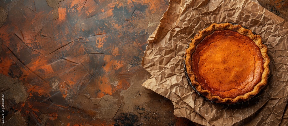 Aufkleber thanksgiving and fall holidays concept with a small pumpkin pie displayed on a rustic handmade bark 