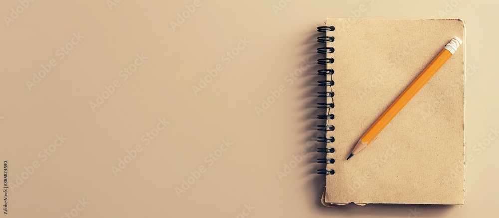 Poster Desk with notepad, notebook, and pencil, displayed against a plain background with space for text or graphics (copy space image).