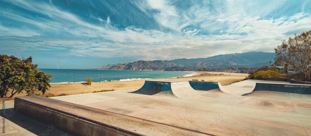 Poster deserted public skate park adjacent to a scenic beach on a sunny day with abundant copy space image 