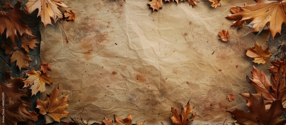 Poster fall-themed backdrop with dried leaves and a blank sheet for a copy space image