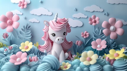 Naklejka premium baby unicorn in enchanted flower garden, cute paper cut style illustration, nursery baby animal concept,