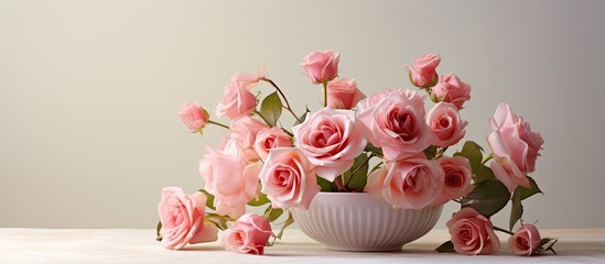 Floral arrangement of roses in a vase on a white table with a clear background, ideal for a copy space image.