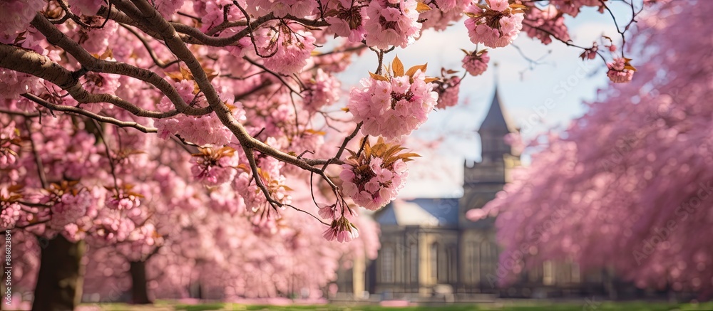 Poster in the spring, a stunning cherry blossom tree blooms in a castle park, offering a close-up, macro vi