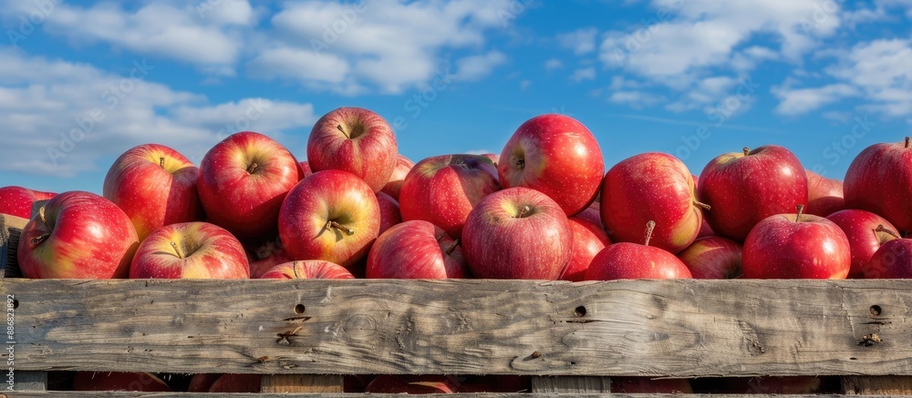 Poster braeburn apples arranged in a wooden crate against a scenic blue sky with clouds, creating a vibrant