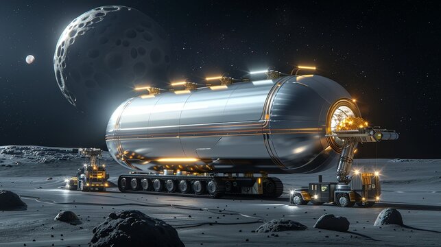 Space mining operation on a metallic asteroid, with robotic drills and cargo ships loading precious metals. Illustration, Image, , Minimalism,