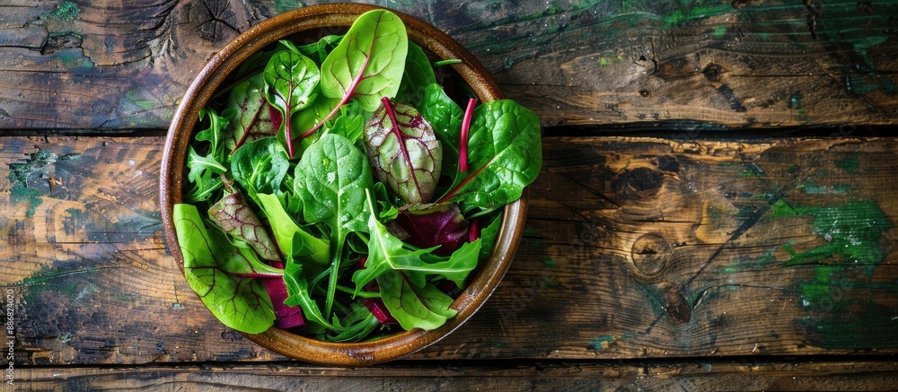 Aufkleber a bowl of fresh green salad featuring spinach, arugula, and beetroot leaves on a rustic wooden surfa