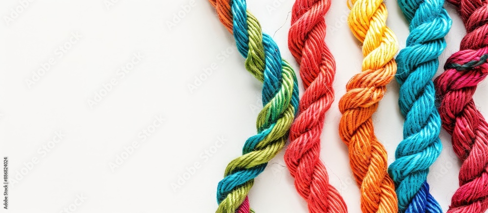 Poster Top view of vibrant thread rope with copy space image on white background.