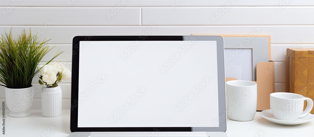 Poster woman using a tablet at work with a blank screen for text. desk with a computer and keyboard. opport