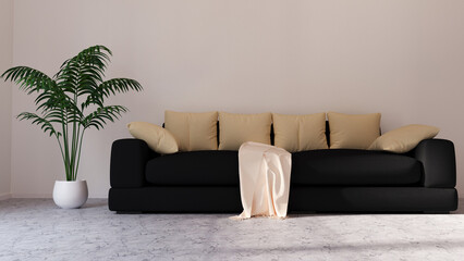 part of the empty room with the sofa and the plant 3d