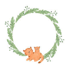 Watercolor hand drawn wreath of tropical leaves with tiger mother and baby isolated on png transparent background - frame jungle design illustration for postcards, baby showers