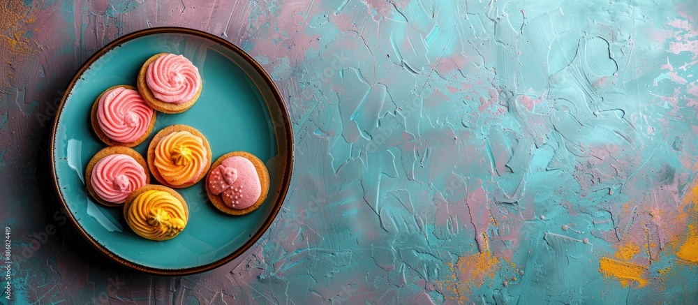 Poster easter cookies on a plate set against a textured background with room for text in the image.