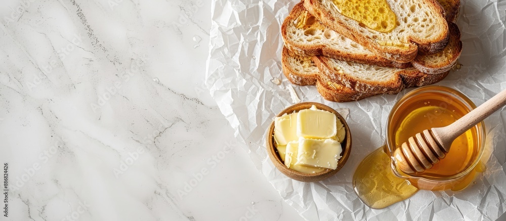 Poster Delicious honey and butter on toast on a light background with copy space image.