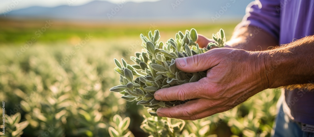 Aufkleber unidentifiable farmer's hand with sage (salvia officinalis) in a field, with a background suitable f