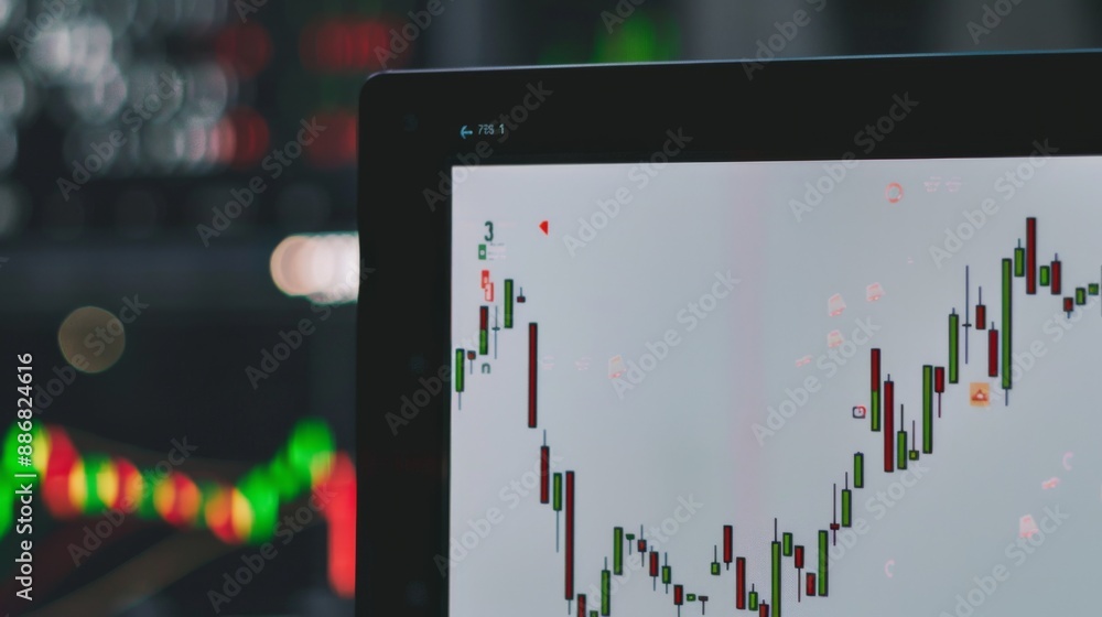 Poster a stock market graph showing a steady rise, displayed on a large office monitor.