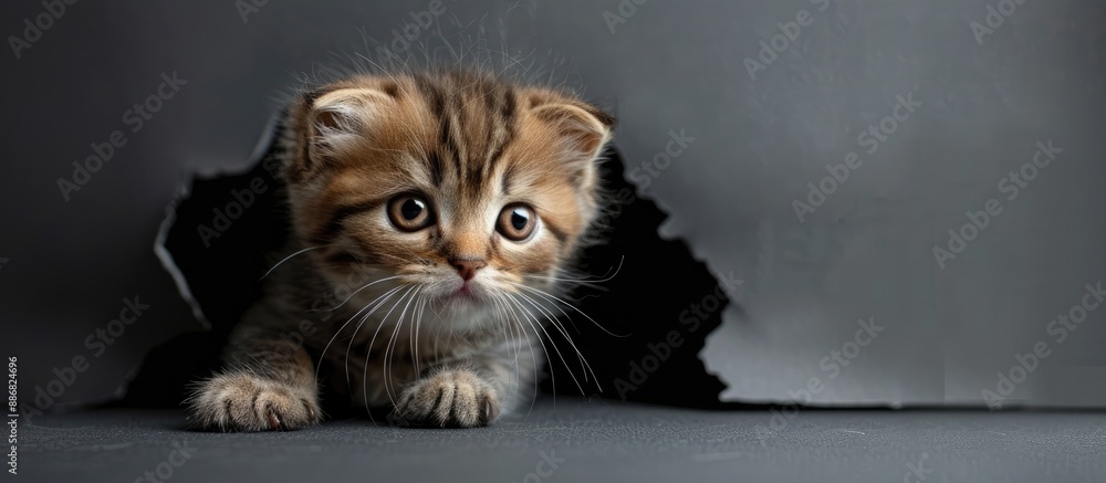 Poster adorable fluffy scottish fold kitten emerges from a hole against a gray backdrop, featuring a charmi