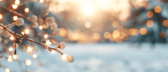 A tree branch, closely framed, bears snow Sunlight penetrates background trees
