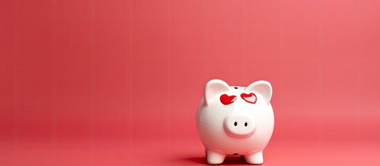 A white piggy bank made of ceramic sits beside a red heart on a pink backdrop, ideal for themes like saving money, love, Valentine's Day, or health insurance, with space for additional image or text.