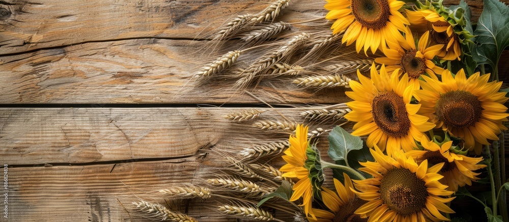 Aufkleber Sunflowers and wheat ears arranged on a rustic wooden backdrop with copy space image.