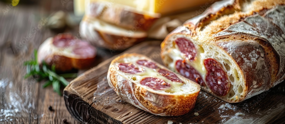 Aufkleber Handcrafted bread with natural fermentation filled with Calabrian sausage and cheese, displayed on a wooden table with a sliced piece and ample copy space image.