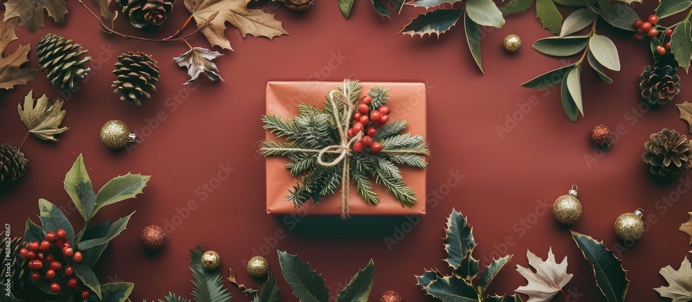 Leinwandbilder Flat lay view of a Christmas-themed arrangement with a present. A top-down perspective showcases the design with room for additional elements in the image.